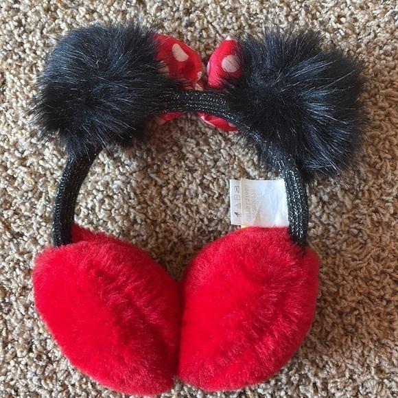 Disney Ear Muffs Minnie Mouse Polka Dot Bow Faux Fur Black Red & White - Picture 3 of 3